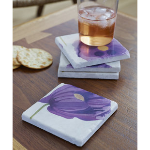 INDIA & PURRY Coaster Set: Purple Poppies on Snow (Set of 4)