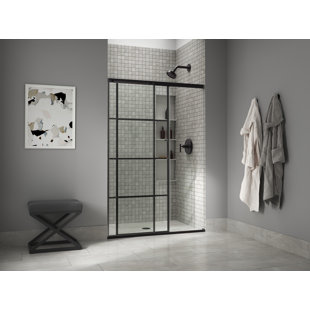 KOHLER Elate Tall Sliding Shower Door, 75-1/2-In H X 44-1/4 - 47-5/8-In W, With Heavy 5/16-In Thick Frosted Glass With Rectangular Grille Pattern