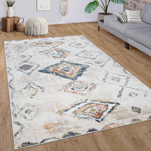 GRACIE OAKS Lena Living Room Short Pile Modern Lozenge Ethno Boho 3D Power Loom Beige/Blue/Orange Rug