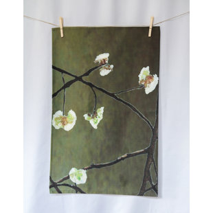 INDIA & PURRY Tea Towel: Pear Blossoms on Dark Green