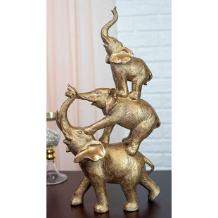 BUNGALOW ROSE Golden Animal Totem Pole Stacked Balancing Circus Elephants Family Statue 15" Tall Acrobatic Elephant Act Auspicious Noble Safari Grasslands Animals