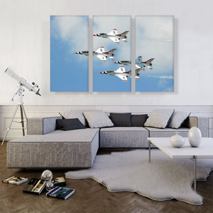 ARTCANVAS Fighter Jet Plane Aircrafts Flying Formation - 3 Piece Wrapped Canvas Photograph Print Set