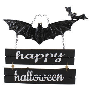 NORTHLIGHT SEASONAL 17 Black Bat And Happy Halloween Metal Hanging Sign Wall Decor