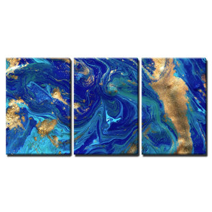 IDEA4WALL Abstract Liquid Pigment With Gold Powder On Canvas 3 Pieces Print