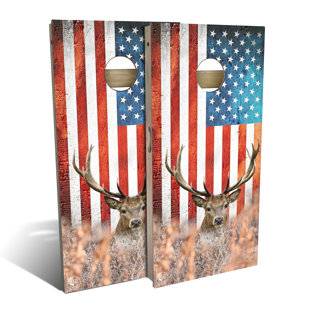 SKIP'S GARAGE 2' x 4' American Flag Deer Big Buck Solid Wood Cornhole Set