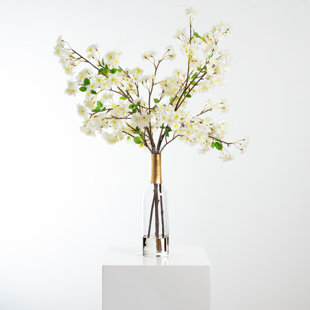 DARBYCREEKTRADING White Cherry Blossom Branches In Gold Rimmed Vintage Look Bottle Vase