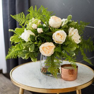 DARBYCREEKTRADING Cream Mixed Real Touch Roses With Pittosporum & Fern Centerpiece Water Illusion Flower Arrangement In Tapered Vase