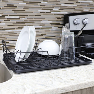 Michael Graves Design Deluxe Dish Rack With Black Finish Wire And Removable Dual Compartment Utensil Holder, Black