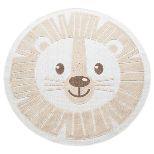 PACO HOME Kids Rug Happy Lion Motif Play-Mat Round With Contour Cut