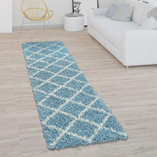 EBERN DESIGNS Acil Living Room High Pile Skandi Design Diamond Modern Power Loom Turquoise/Cream Rug