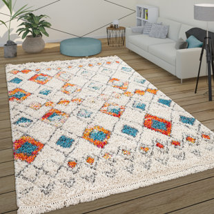 GRACIE OAKS Serena Living Room Skandi Lozenge Modern Power Loom Cream/Blue/Orange Rug