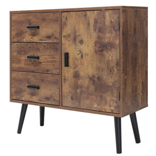 MILLWOOD PINES Mid-Century Storage Cabinet With 3 Large Drawers & 1 Side Cabinet With Adjustable Shelf, 31.5" L Free Standing Sideboard, Cupboard, Drawer Dresser, TV Console Stand For Living Room Rustic Brown