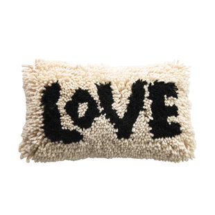 CREATIVE CO-OP Woven Wool Shag Lumbar Pillow with "Love" Design