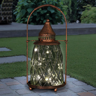 Exhart Solar Vintage Metal and Glass Accent Lantern with Fifteen LED Fairy Firefly String Lights, 7 by 15"