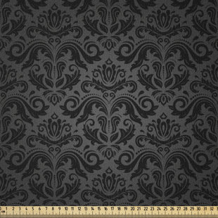 EAST URBAN HOME Dark Grey Fabric By The Yard, Black Damask And Floral Elements Oriental Antique Ornament Vintage,Square