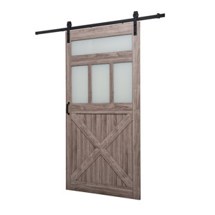 RENIN Paneled Manufactured Wood and Glass Wood Finish Sussex 4-Lite Complete Barn Door with Installation Hardware Kit