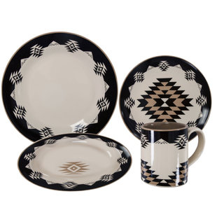 PASEO ROAD BY HIEND ACCENTS Chalet Cream/Black/Taupe Aztec Print Ceramic Southwestern Style 16 Piece Dinnerware Set