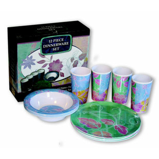 MotorHead Products Flower Decor Melamine Dinnerware Set - Service for 4