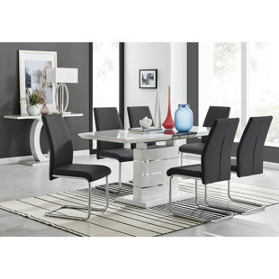 CANORA GREY Renne Modern High Gloss Extendable Dining Table Set With 6 Upholstered Faux Leather Dining Chairs