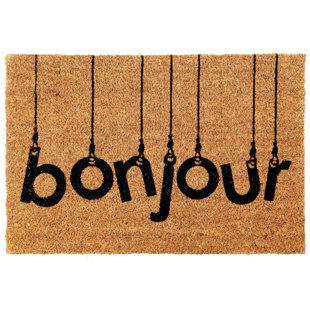 EVIDECO Sheltered Rectangle Coir Door Mat -Bonjour- Non Slip Backing Natural- Black 24x16