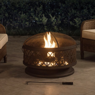 RED BARREL STUDIO® Sunjoy 30 inch Outdoor Fire Pit, Patio Black Round Steel Wood Burning Fire Pit Large Fire Pits for Outside with Spark Screen and Fire Poker