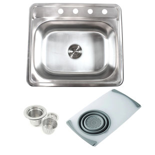 EMODERNDECOR Topmount Drop-in 18-gauge Stainless Steel 25 In. X 22 In. X 9 In. 4 Faucet Hole Single Bowl Kitchen Sink W Cutting Board Colander & Strainer