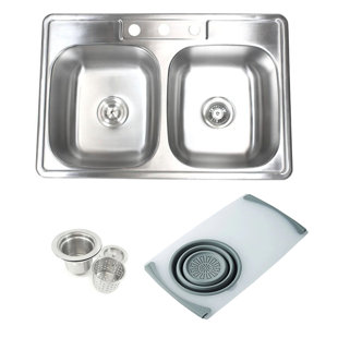 EMODERNDECOR 33.13'' L Drop-In Double Bowl Stainless Steel Kitchen Sink