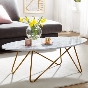 Calhoon Canora Grey Coffee Table 120x40x60 Cm With Marble Optics White | Living Room Table With Metal Frame | Sofa Table Oval Table Living Room | Lounge Table