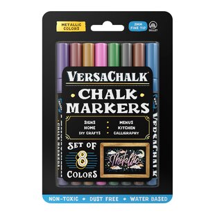 VersaChalk Metallic Liquid Chalk Markers for Blackboards (8 Pack, 3mm, Fine Tip) - Erasable Washable Chalk Pens for Chalkboard Signs, Windows, Glass, Events, Schools, Office Supplies, and Business