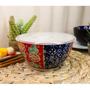 TRINX Ebros Pack Of 2 Ceramic Lunch Or Dinner Food Bowls With Airtight Storage Lid 6"Dia 3 Cups Size Take Out To Go Diet Meal Planning Refrigerator Microwave Dishwasher Safe (Blue Red Floral Patterns) (Set of 2)