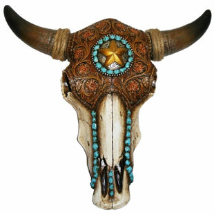 DE LEON COLLECTIONS Distressed Tooled Leather Cow Bull Skull with Star & Turquoise Pebble Accent Hanging Wall Décor