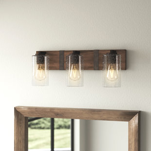 HINKLEY Sawyer 3-Light Wood Bath Vanity Fixture with Clear Seedy Cylinder Shades