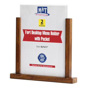 MT DISPLAYS Contemporary Desktop Menu Holder With Acrylic U Type Pocket, Portrait Table Top Sign Holder, Ad Frame For Restaurant, Store, Wedding, Party, Event (2 Pack) (Natural Wood, 8.5X11) (Set of 2)