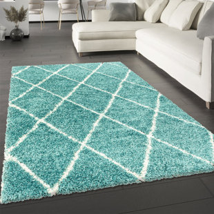 EBERN DESIGNS Blue Rug Teal Fluffy Shaggy Carpet Soft Thick Large Small Dimaond Carpet For Living Room Bedroom