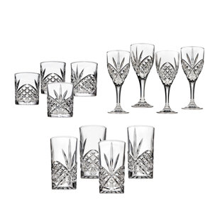 GODINGER SILVER ART CO Dublin Crystal 12 Piece Whiskey Glass 11oz, Highball Glass 12oz, & Goblet 12oz Set