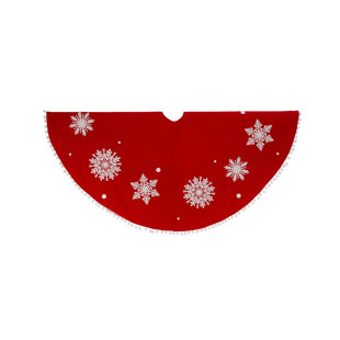 GERSON INTERNATIONAL 48 In. Red Velvet Tree Skirt With White Snowflakes And Pom Poms