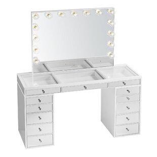 IMPRESSIONS VANITY · COMPANY SlayStation Pro Premium Mirrored Vanity Table with Double Decker Drawers and Clear Glass Top