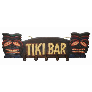 WORLD BAZZAR Hand Carved Tiki Bar with Two Masks Beach Towel Hanger Holder Surfboard Wooden Art Sign