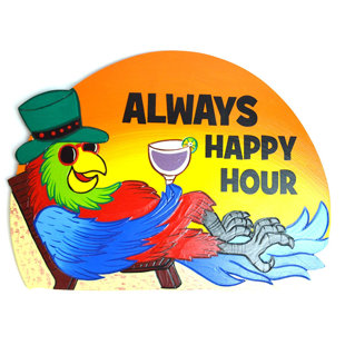 WORLD BAZZAR Handmade Wood Large Parrot on Beach in Chair Always Happy Hour Sign