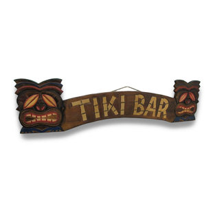 WORLD BAZZAR Hand Carved Wooden Tiki Bar with Two Mask Trees Drinking Beach Surfboard Sign