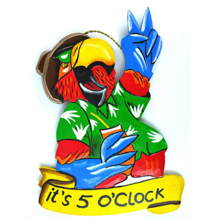 WORLD BAZZAR Hand Carved Wood Parrot Peace It's 5 O'clock Cocktails Sign
