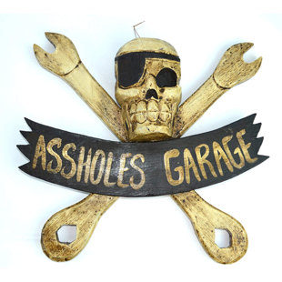 WORLD BAZZAR LG Hand Carved Wood Pirate Skull Cross Bone with Wrenches Asshole's Garage Sign