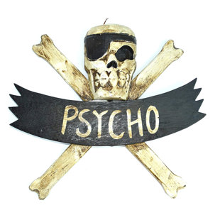 WORLD BAZZAR Hand Carved Wood Pirate Skull Cross Bone with Wrenches Psycho Sign