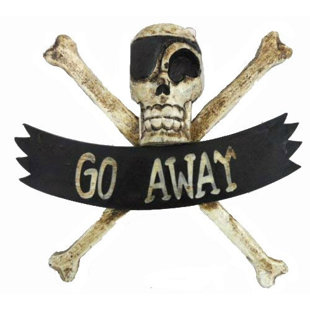 WORLD BAZZAR Hand Carved Wood Pirate Skull Cross Bone with Wrenches Go Away Sign