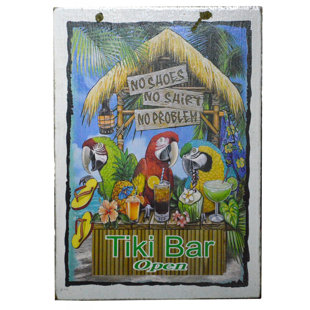 WORLD BAZZAR Hand Carved Wood Parrot Head Drinking Beach Party No Shoes No Shirt No Problem Tiki Bar Open Cocktails Sign