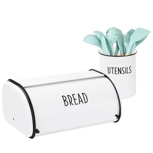 OUTSHINE CO Outshine White Vintage Roll Top Bread Box & Kitchen Utensil Holder Set | Large Bread Box Keeps Bread Fresh | Farmhouse Bread Box & Utensil Holder For Countertop | Kitchen Decor | Housewarming Gift