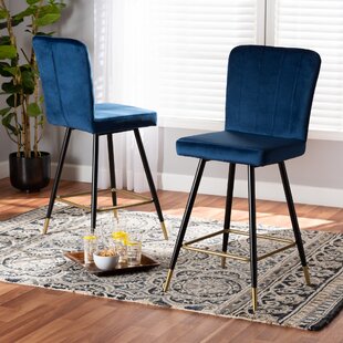 CORRIGAN STUDIO® Laurelton Modern Luxe And Glam Navy Blue Velvet Fabric Upholstered And Two-Tone Black And Gold Finished Metal 2-Piece Bar Stool Set (Set of 2)