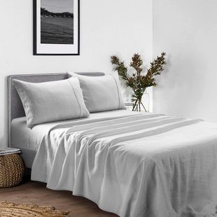 MEADOWPARK Stone Washed Pure Linen Sheet Set, Fitted Sheet 16" Pocket (Set of 4)