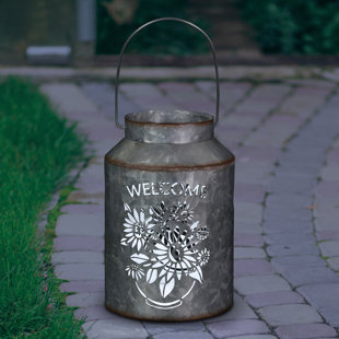 Exhart Solar Stamped Metal Flower Design Lantern Reads Welcome, 8 Inch