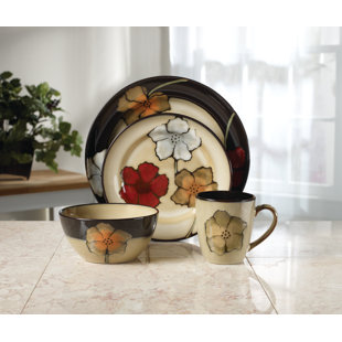 Pfaltzgraff Everyday Painted Poppies 16-Piece Stoneware Dinnerware Set, Service for 4